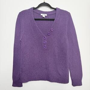 Dressbarn Purple Knit Sweater Button V Neck Casual Women’s Petite Large